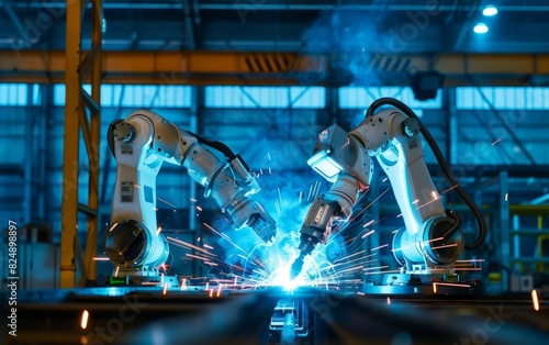Robotic arms welding in a high-tech industrial facility.