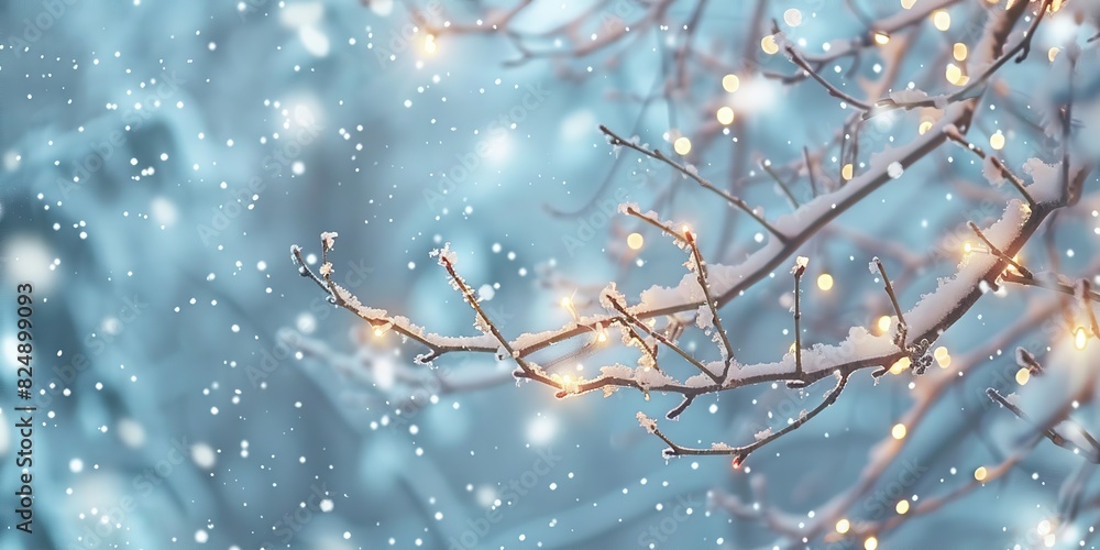 Winter scene snowfall in the woods. Christmas background. Winter forest, glowing snowflakes. Pine branches with rime hoarfrost. Xmas lights bokeh. New Year time in december. Snowy vibe. Frosty evening Winter scene snowfall in the woods. Christmas background. Winter forest, glowing snowflakes. Pine branches with rime hoarfrost. Xmas lights bokeh. New Year time in december. Snowy vibe. Frosty evening