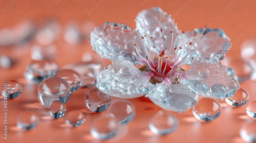 A close-up of a flower with pink petals and a red center, surrounded by droplets of water A close-up of a flower with pink petals and a red center, surrounded by droplets of water