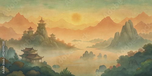 traditional asian painted landscape, panda, bamboo, temple, mountains and water