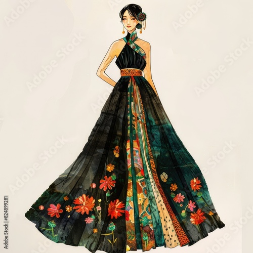 Fashion illustration of a woman wearing an evening gown with floral embroidery.