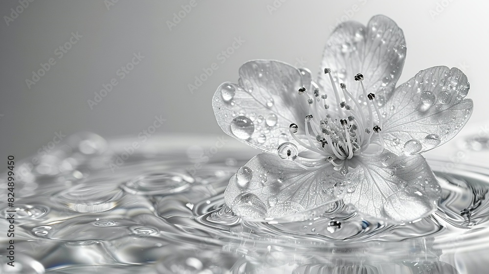 A close-up of a water droplet with a flower-shaped object at its center and water droplets at the base A close-up of a water droplet with a flower-shaped object at its center and water droplets at the base
