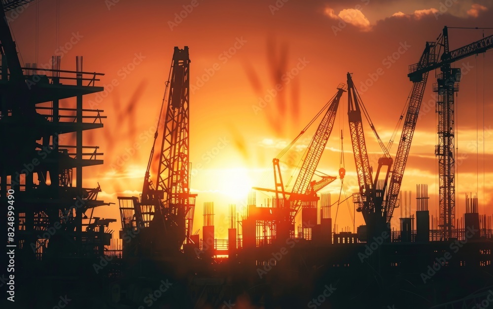 Silhouetted construction site with cranes against a city backdrop.