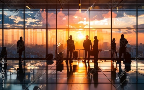 Silhouetted businesspeople in a modern office with sunset and cityscape backdrop.