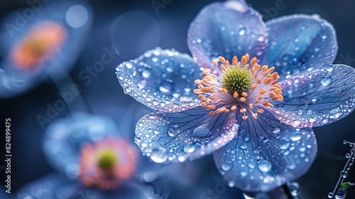  A close-up of a blue flower with droplets of water on it and a green stem in the foreground