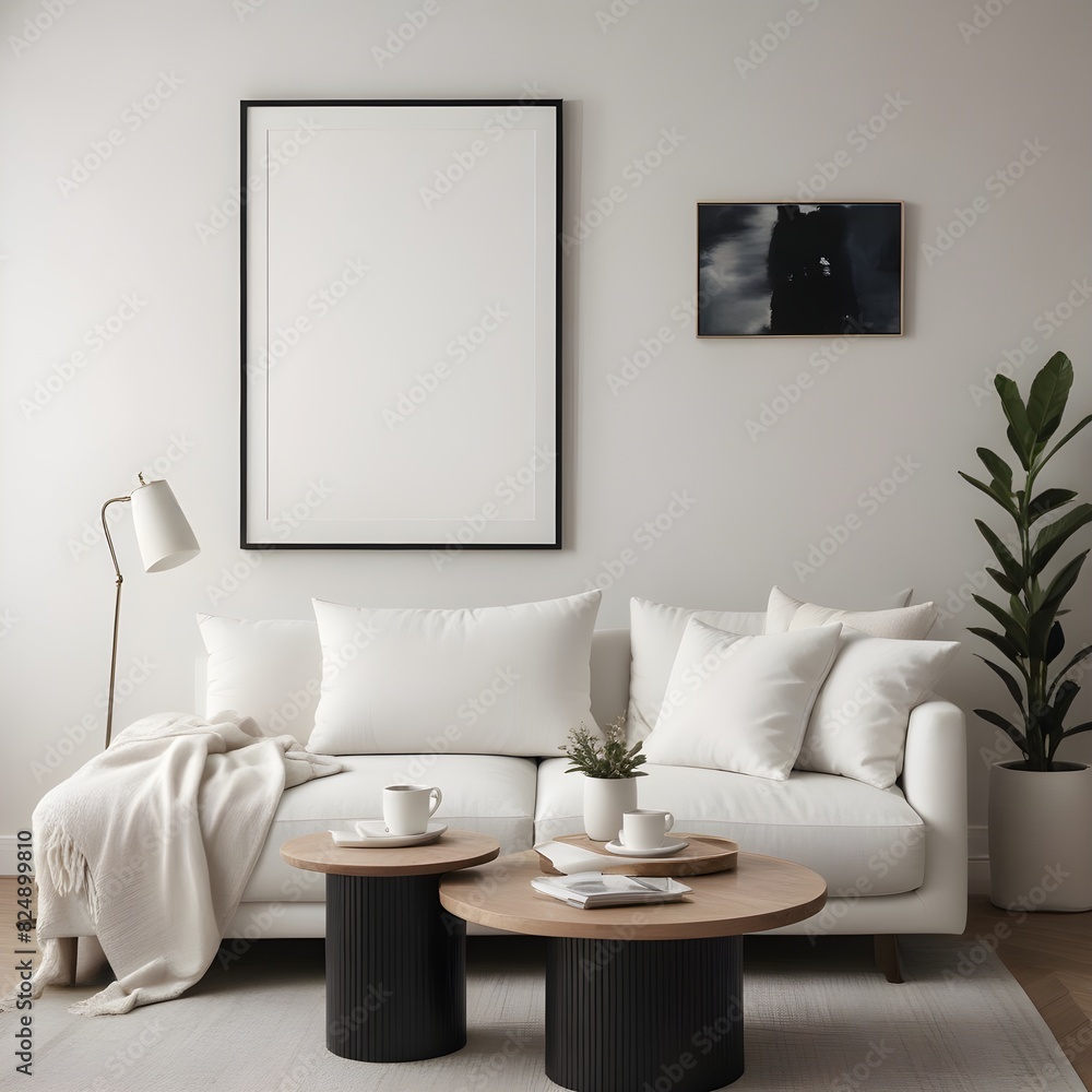 Frame mockup, ISO A paper size. Living room wall poster mockup. Modern interior design.Living room Interior mockup with house background. 3D render Frame mockup, ISO A paper size. Living room wall poster mockup. Modern interior design.Living room Interior mockup with house background. 3D render