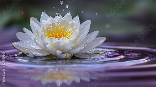   A white water lily atop water with a droplet on its surface