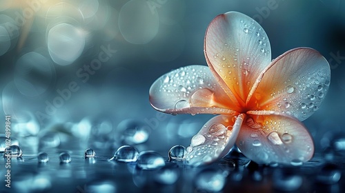   A flower with water droplets nearby and a blurred background