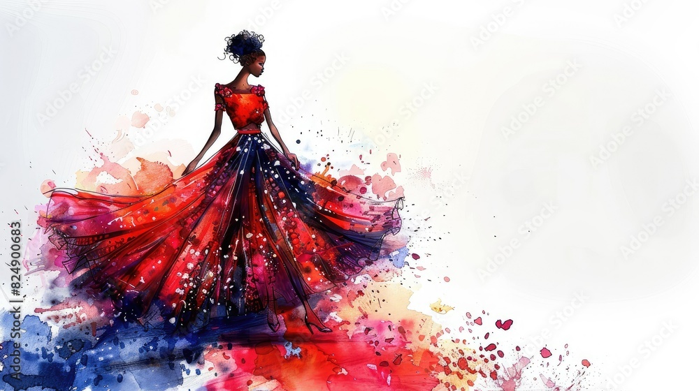 The watercolor painting shows a woman wearing an elegant dress with a ...