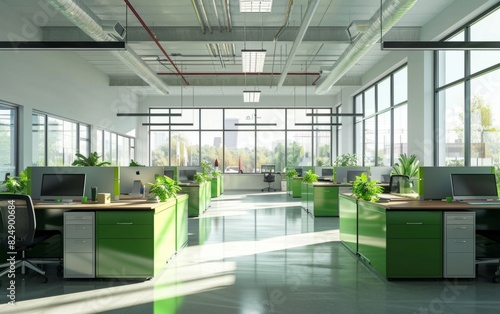 Spacious modern office with green accents  large windows  and multiple workstations.