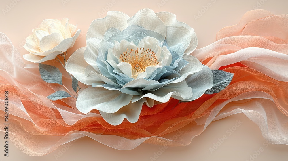   A pink and orange background with a white flower in focus