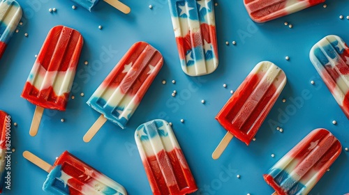 Patriotic ice cream, popsicle with stars and american flag colors. Generative AI