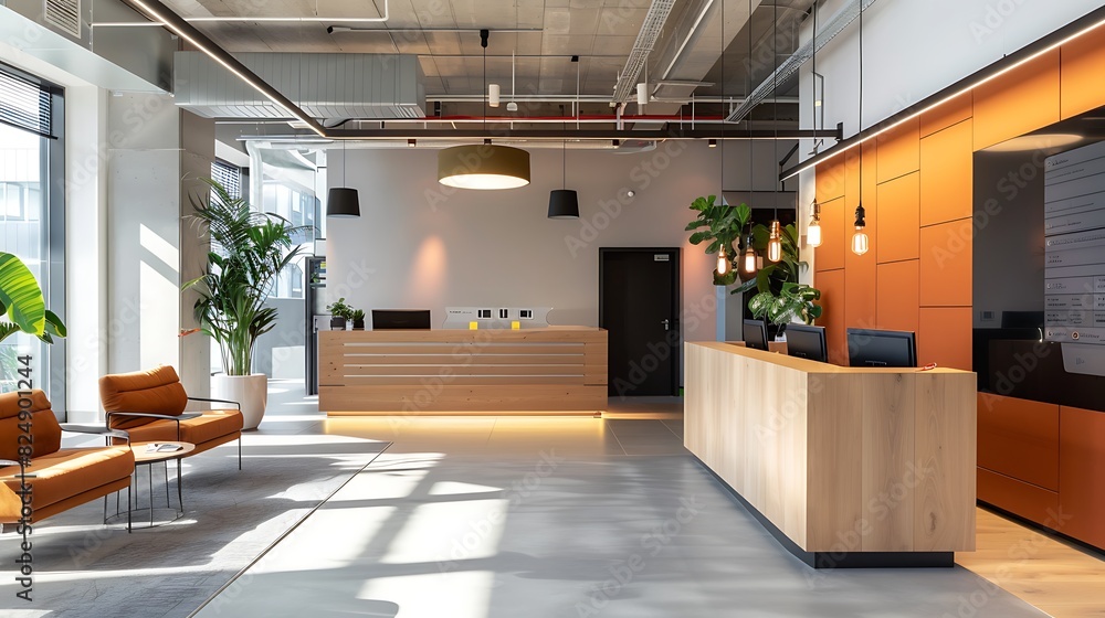 Fototapeta premium Efficient Elegance: The Modern Office Reception Space Where Innovation Meets Welcome. Sleek Design, Warm Ambiance, and Professionalism Define the Ultimate First Impression