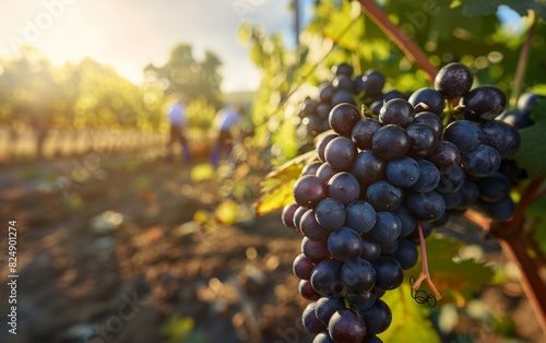 Sun-drenched vineyard with workers harvesting grapes.