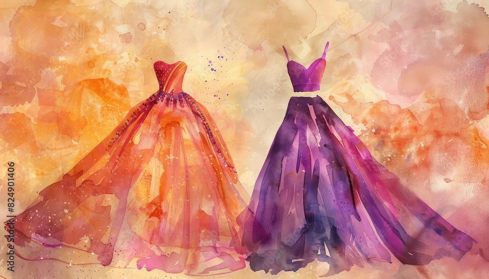 Obraz premium Two watercolor dresses, orange and purple, are depicted on a beige background.