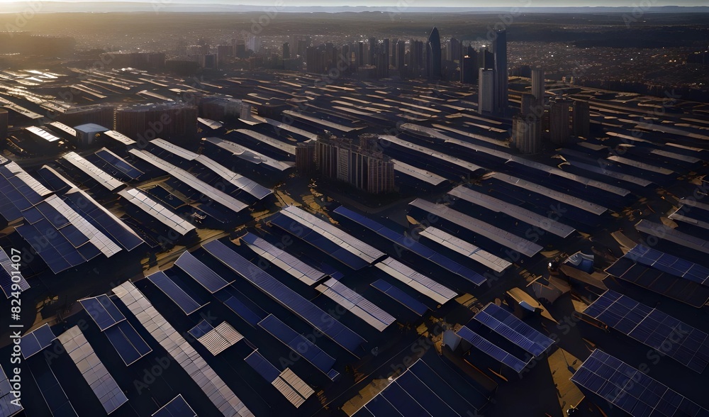 Fototapeta premium Solar Panels On The Roof of Every Building In The City During Sunset Time - Cityscape