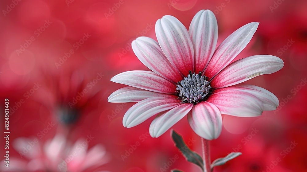    a pink and white flower with the red flowers in the foreground blurred out