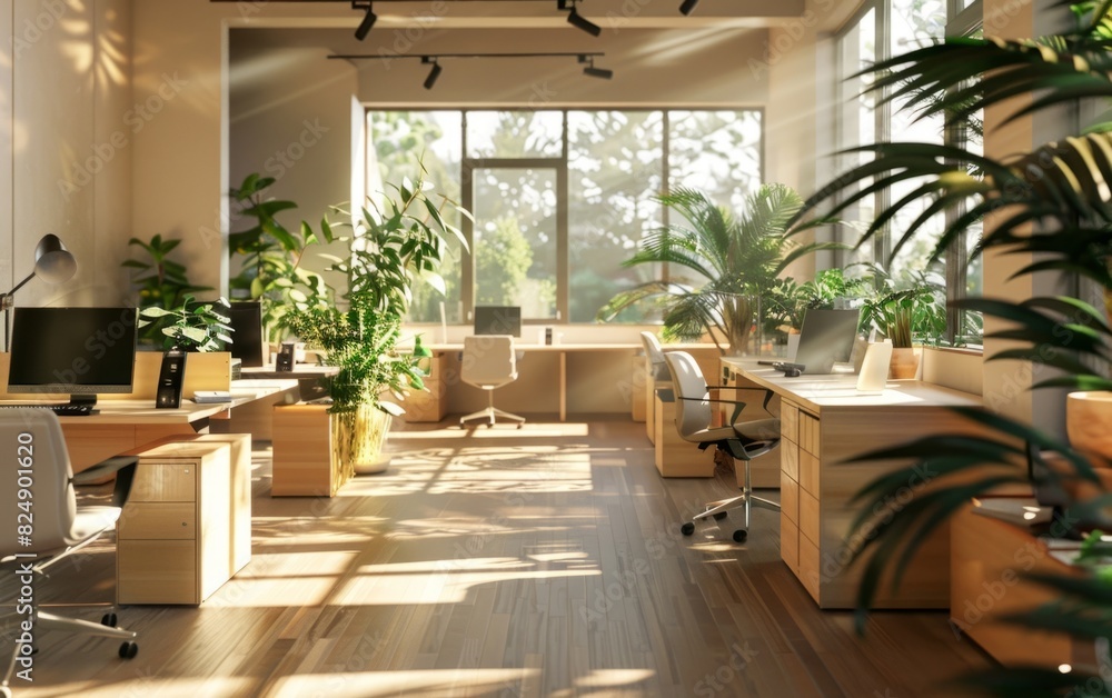 Sunlit modern office with plants and minimalist desks.