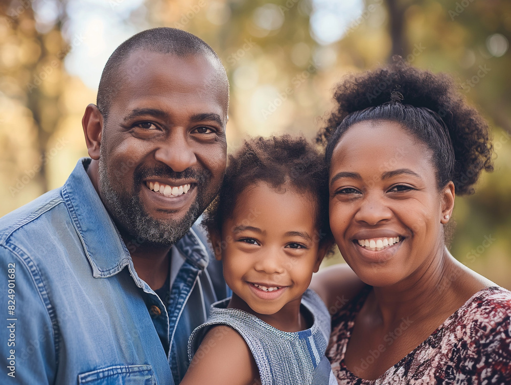 A happy family of three, smiling together outdoors, capturing a warm and joyful moment A happy family of three, smiling together outdoors, capturing a warm and joyful moment
