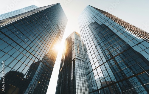 Sunlit modern skyscrapers with reflective glass facades under a clear sky.