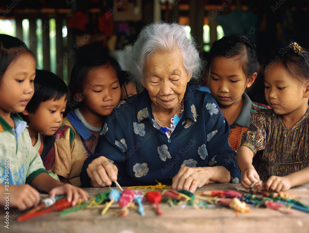 An elderly woman teaching a group of attentive children traditional crafts, fostering cultural heritage and learning An elderly woman teaching a group of attentive children traditional crafts, fostering cultural heritage and learning