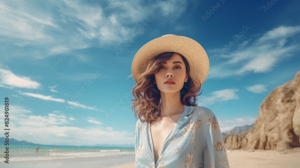 Young woman in a sun hat enjoying a beautiful sunny day on the beach with a picturesque blue sky and rocky cliffs in the background.