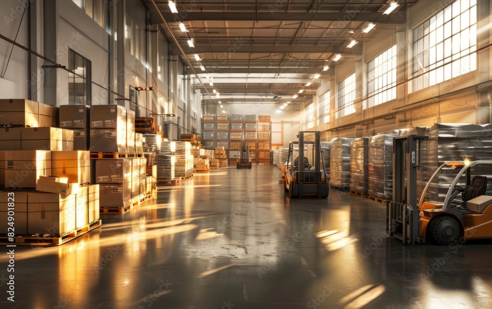 Sunlit warehouse filled with neatly stacked boxes and forklifts.