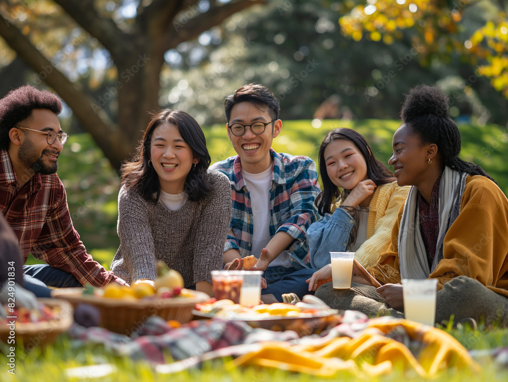 A group of friends enjoying a sunny picnic in the park, laughing and sharing food together A group of friends enjoying a sunny picnic in the park, laughing and sharing food together