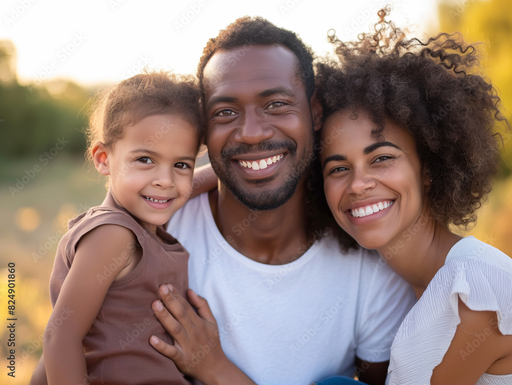 A happy family of three, smiling warmly at the camera during a beautiful sunset outdoors A happy family of three, smiling warmly at the camera during a beautiful sunset outdoors