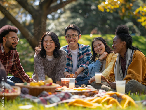 A group of friends enjoying a sunny picnic in the park  laughing and sharing food together