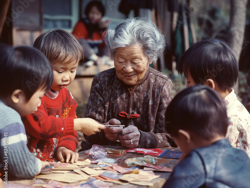 An elderly woman joyfully interacting with young children, sharing traditional activities and stories outdoors