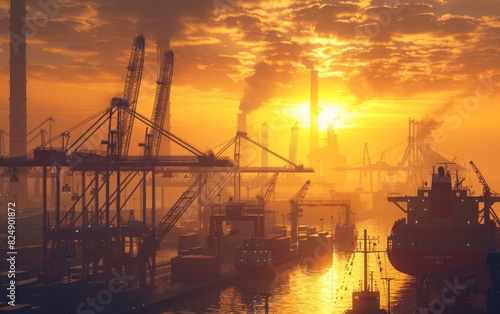 Sunset at a bustling cargo port with cranes, containers, and a large ship.