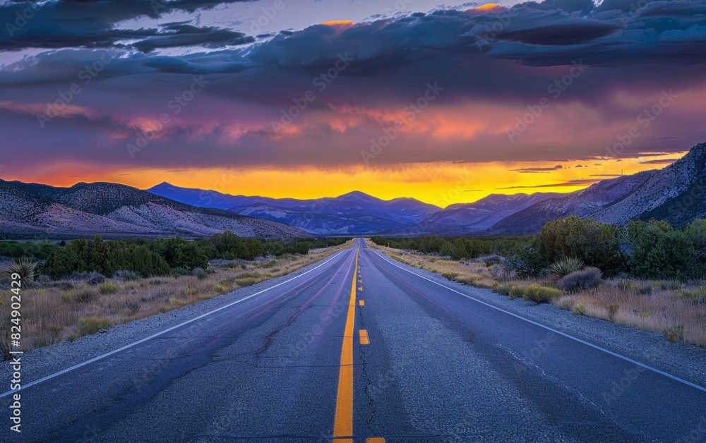 Sunset-lit road stretching towards distant mountains under a cloudy sky.