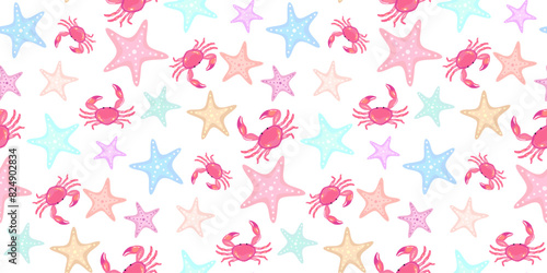 Red crabs with colorful starfish, undersea, marine life creatures seamless pattern design. Coastal life on white background