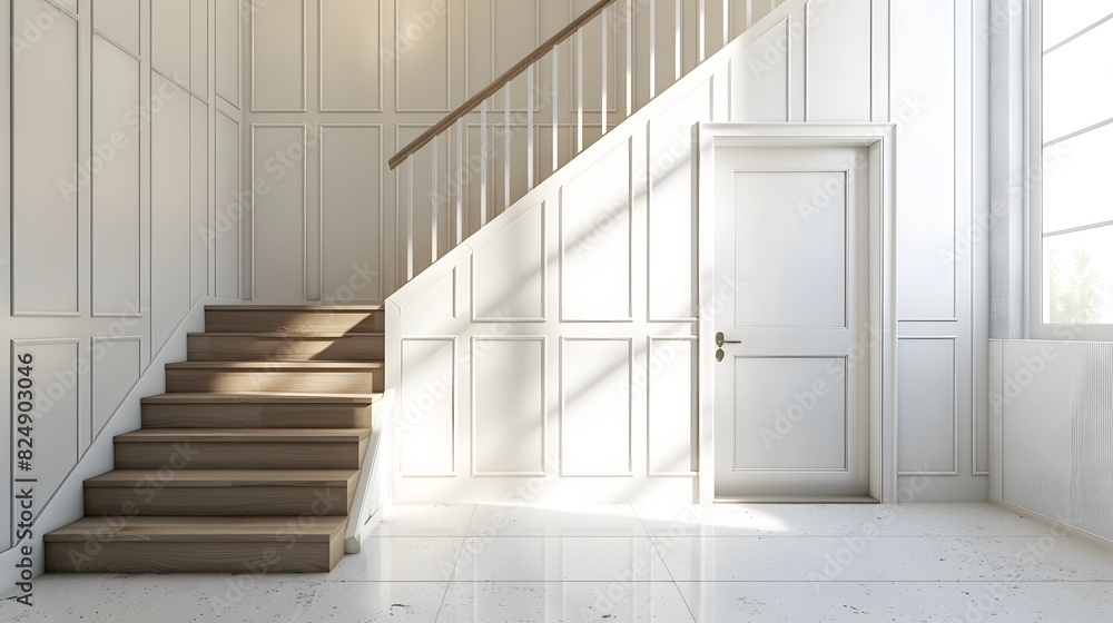 Fototapeta premium Wooden staircase and lining paneling wall in minimalist style hallway. Interior design of modern rustic entrance hall with door in farmhouse