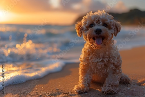Pebble Pup Playtime A Charming Canine Sculpture Basks in Beachside Sunset Hues photo