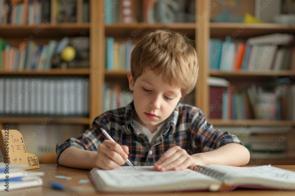 Concentrated young boy writing notes in a notebook at a library desk with bookshelves in the background Concentrated young boy writing notes in a notebook at a library desk with bookshelves in the background