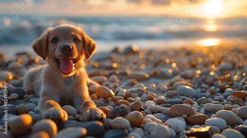 Adorable Pebble Dog Sculpture Basking in the Serene Sunset of a Secluded Beach photo