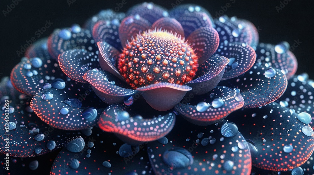 A close-up view of a flower with drops of water on its petals, showcasing a variety of colors ranging from red to blue on the petals A close-up view of a flower with drops of water on its petals, showcasing a variety of colors ranging from red to blue on the petals