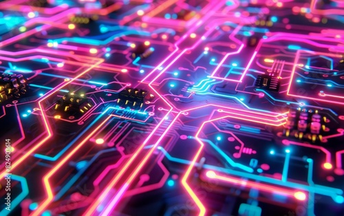 Vibrant neon circuit board with intricate electronic pathways.