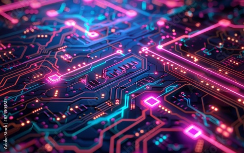 Vibrant neon circuit board with intricate electronic pathways.