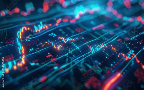 Vivid 3D stock market display with dynamic lines and glowing data.