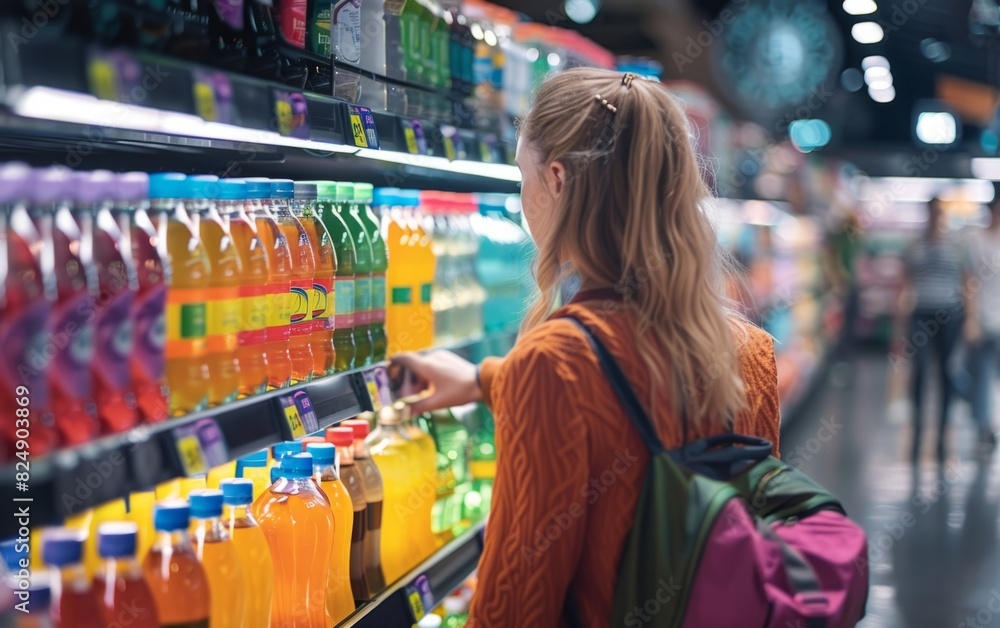 Woman browsing colorful drink bottles at a supermarket aisle.