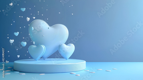 Minimal scene with white cylindrical podium and flying heart, shaped balloons against the sky, Frame in the shape of a heart, Beauty product display scene, showcase, Hearts with podium  