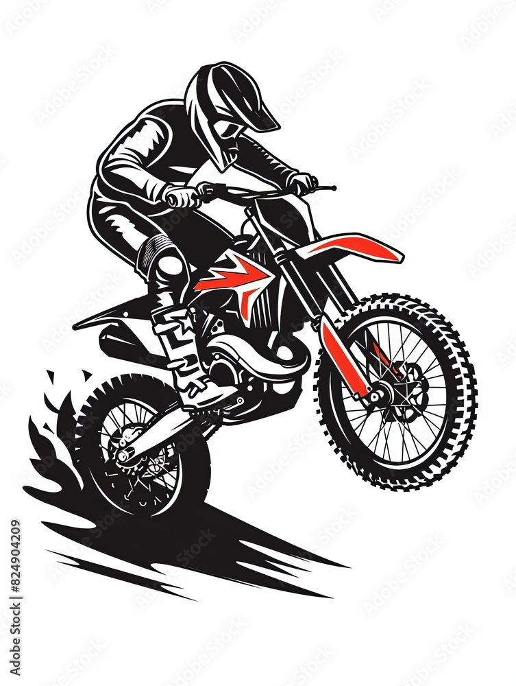 Vibrant illustration of motocross rider jump on black bike with red accents, executed in dynamic graphic style. Vibrant illustration of motocross rider jump on black bike with red accents, executed in dynamic graphic style.