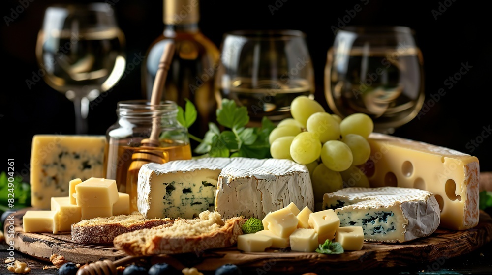   A wooden platter holds a variety of cheeses, crackers, and glasses of wine