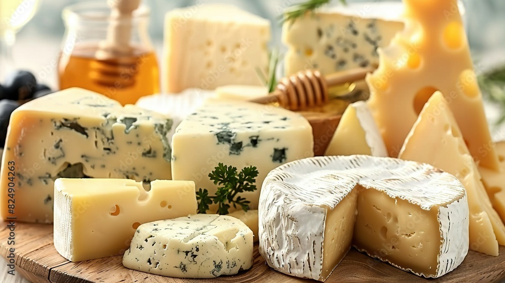 A variety of cheeses on a wooden board with a honeycomb next to them A variety of cheeses on a wooden board with a honeycomb next to them