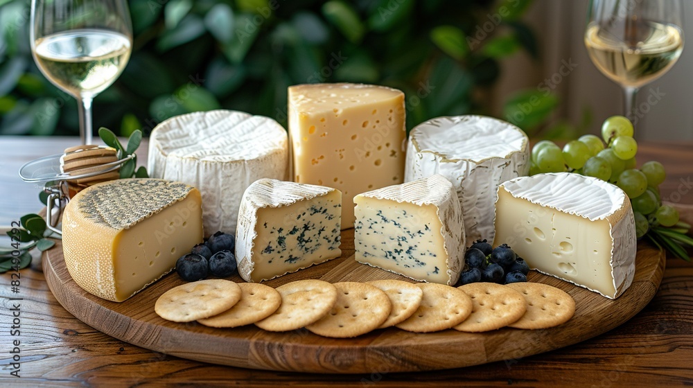 Wooden platter with cheese, crackers & wine in background Wooden platter with cheese, crackers & wine in background