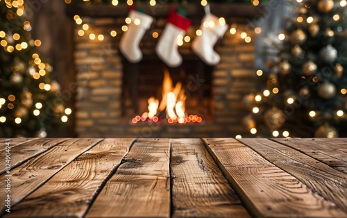 Wooden table foreground with cozy fireplace and decorated Christmas tree background. © OLGA