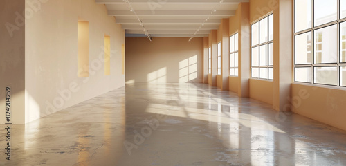 Light gallery hall with beige wall  glossy concrete floor  and bright windows. 3D rendering  mockup.